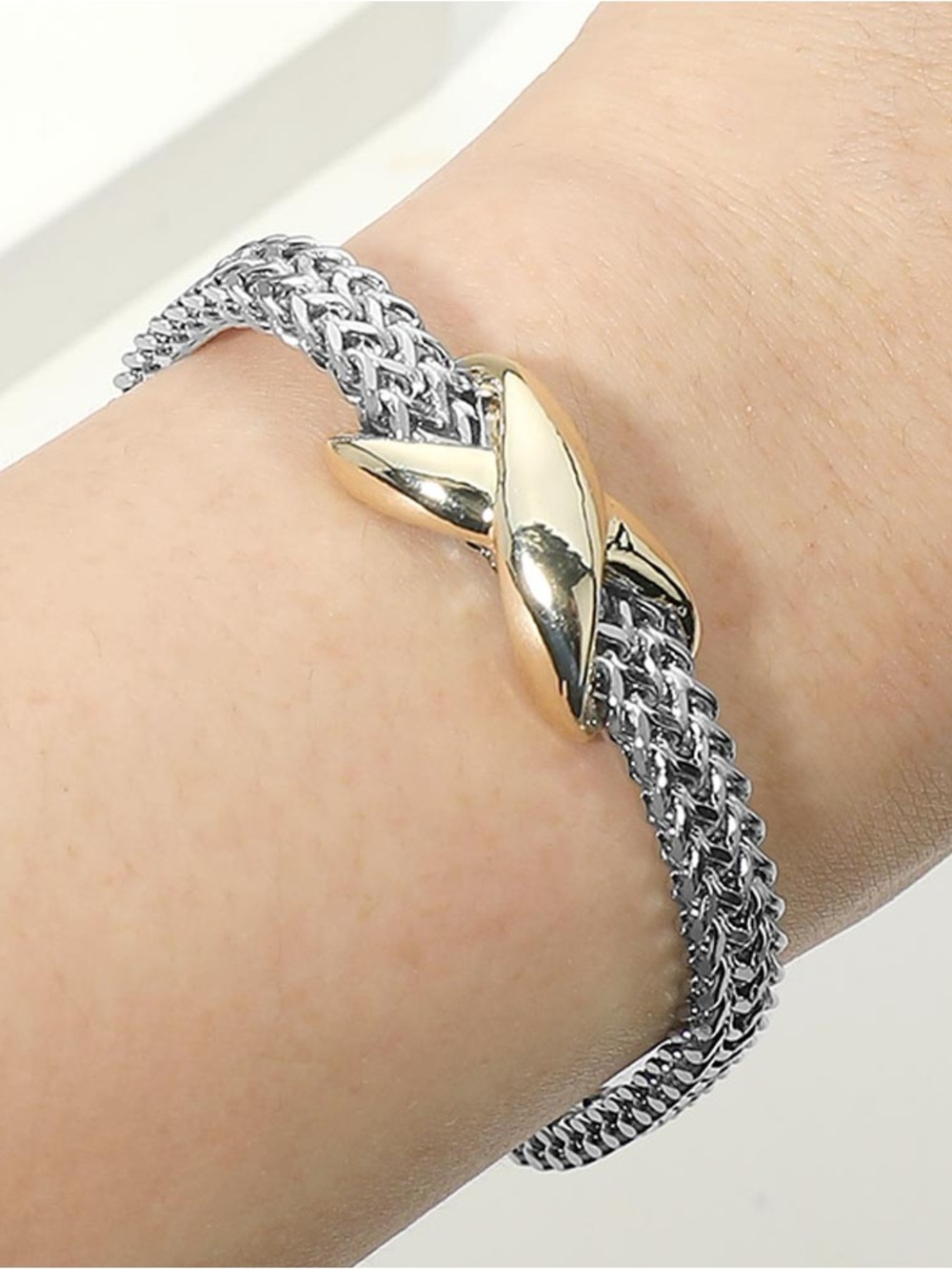 14K Gold Plated Two Tone Crisscross Centerpiece Mesh Chain Magnetic Bracelet
